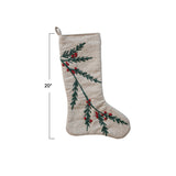 Woven Cotton and Jute Stocking with Embroidered Holly and Berries