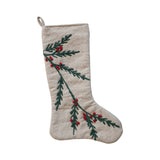 Woven Cotton and Jute Stocking with Embroidered Holly and Berries