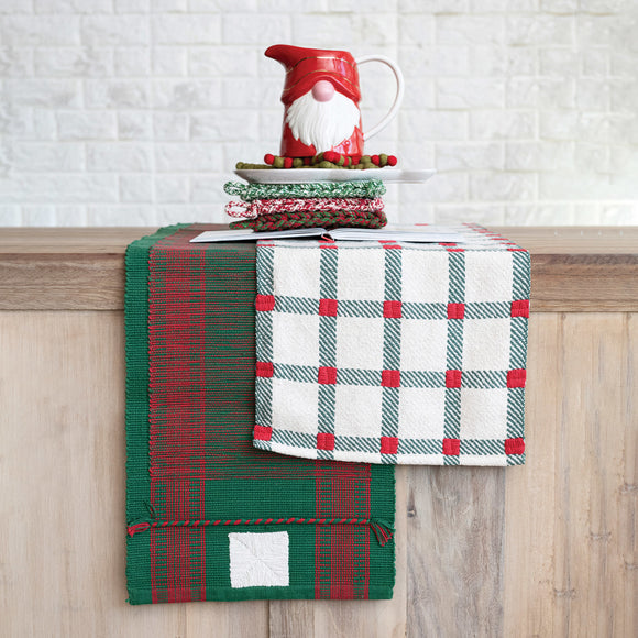 Embroidered Cotton Table Runner, Natural, Green and Red Plaid