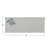 Woven Cotton and Linen Table Runner with Hand-Embroidered Holly and French Knots