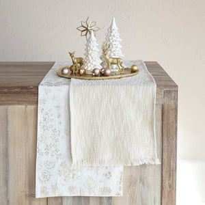 Woven Cotton Slub Table Runner with Metallic Gold Thread & Fringe, Natural