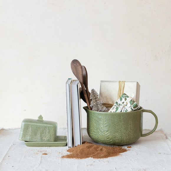 Debossed Stoneware Butter Dish with Trees