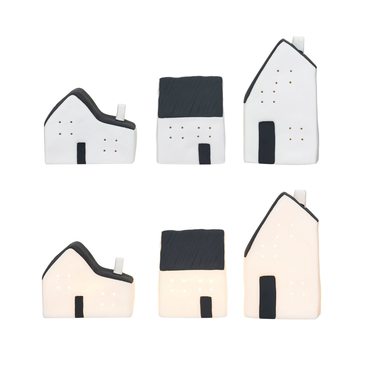 Stoneware LED Houses, White and Black, Set of 3