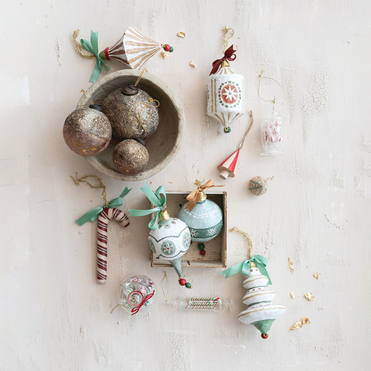 Hand-Painted Paper Mache Ornament with Bow & Design