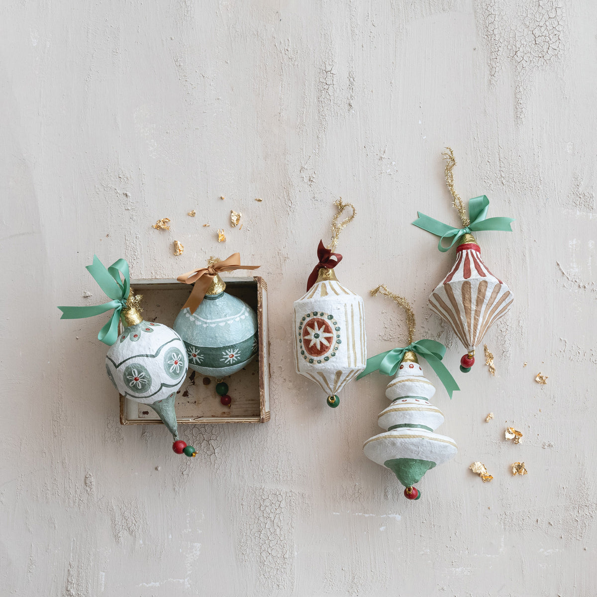 Hand-Painted Paper Mache Ornament with Bow & Design