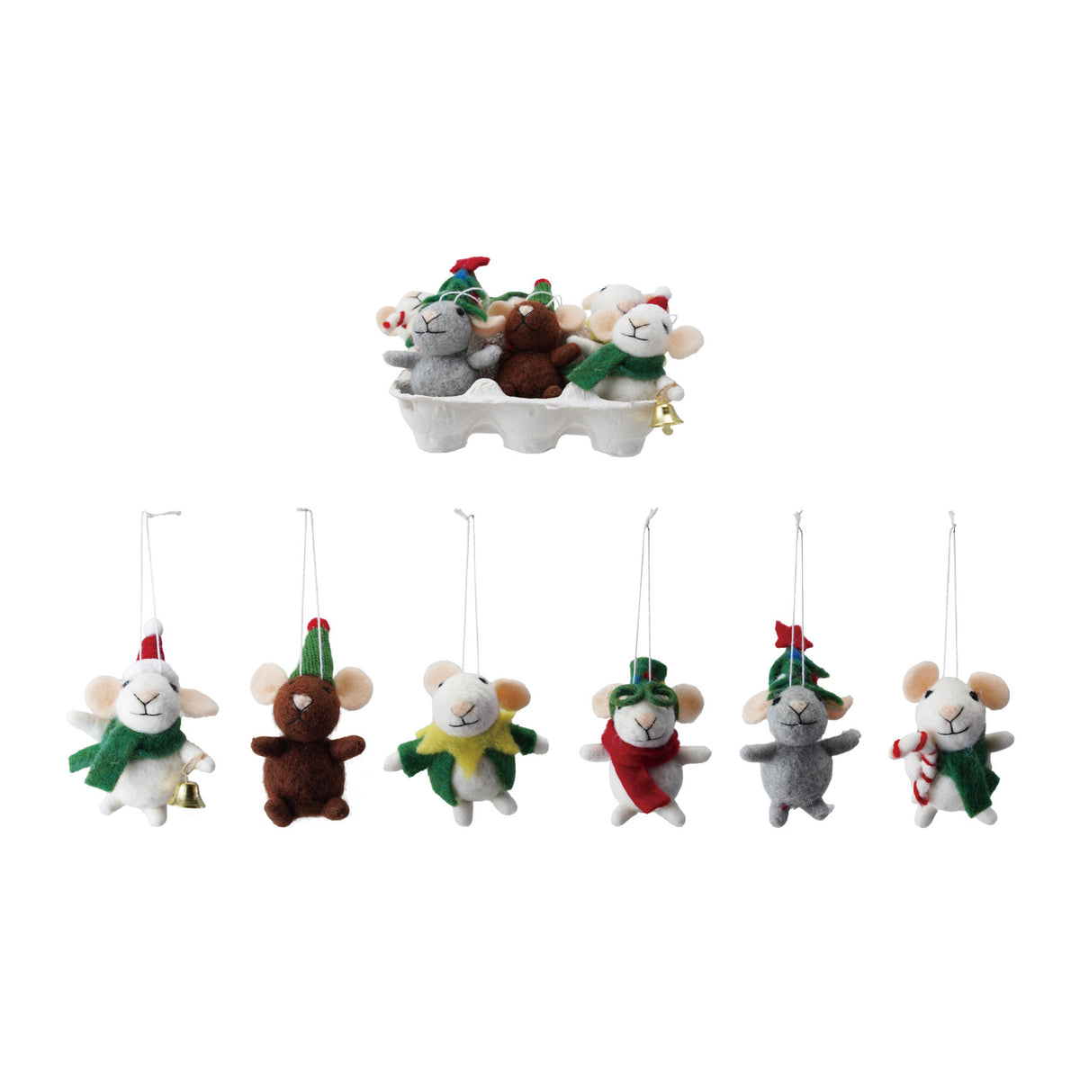 Handmade Wool Felt Mice Ornaments in Egg Crate, Set of 6
