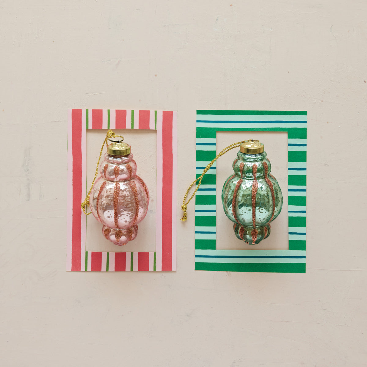 Hand-Painted Mercury Glass Finial Ornament with Glitter Stripes