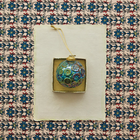 Hand-Blown Embossed Glass Ball Ornament with Pattern