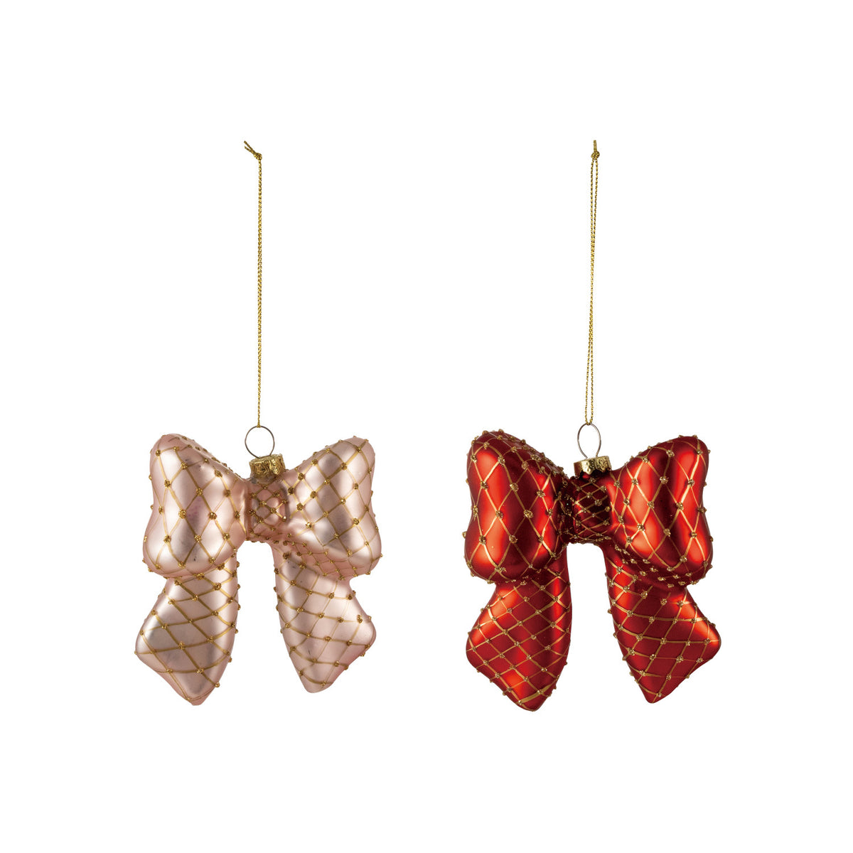Hand-Painted Glass Bow Ornament with Diamond Pattern & Gold Finish Glitter