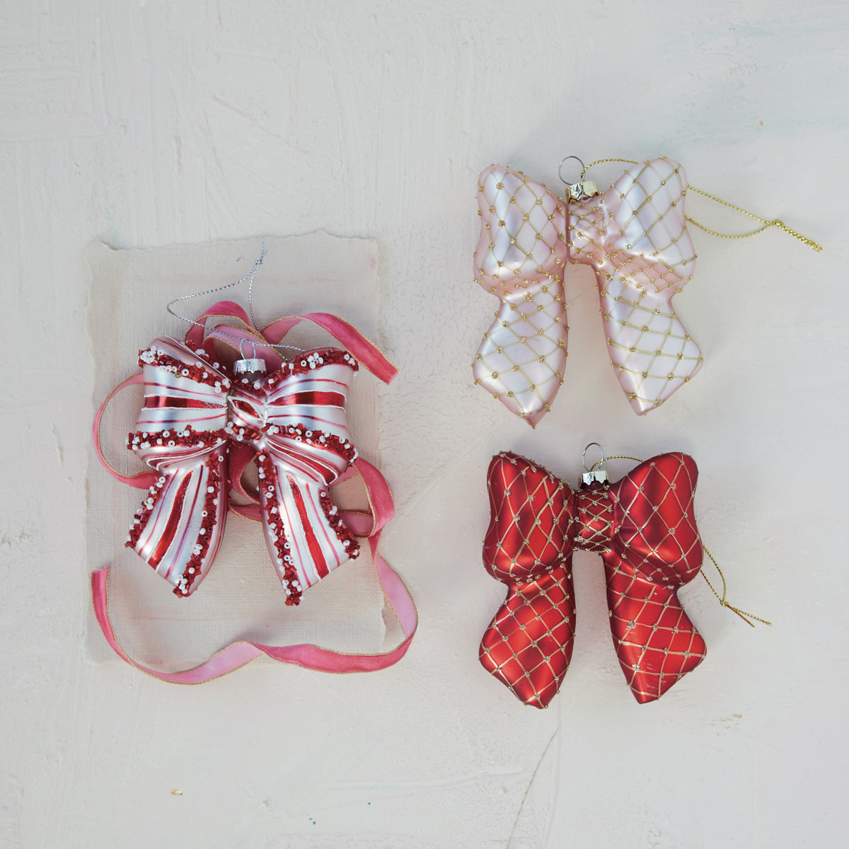 Hand-Painted Glass Bow Ornament with Diamond Pattern & Gold Finish Glitter