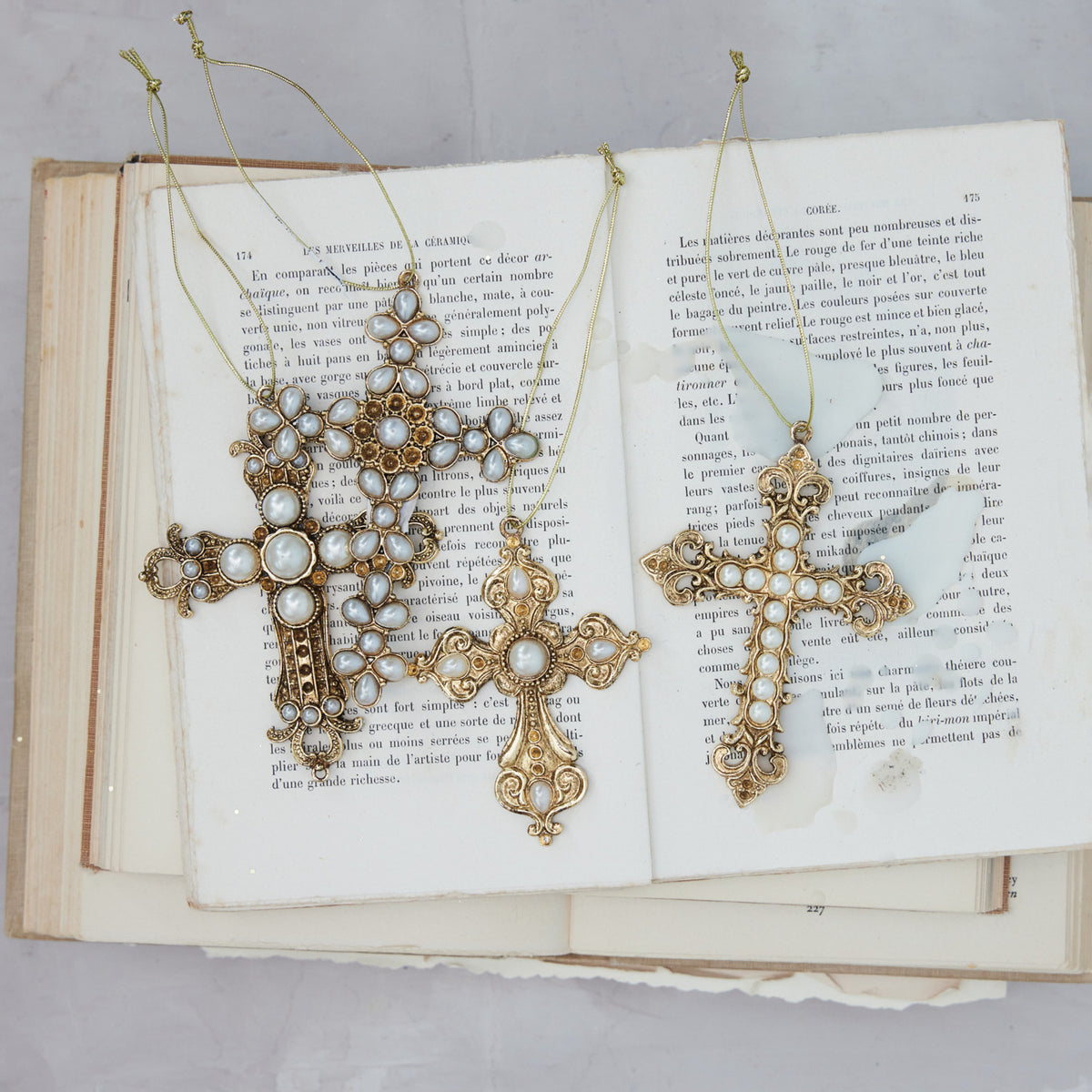 Pewter Cross Ornament with Faux Pearls