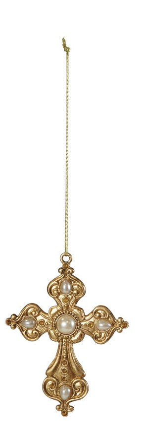 Pewter Cross Ornament with Faux Pearls
