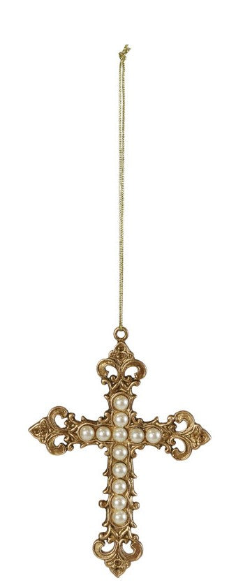 Pewter Cross Ornament with Faux Pearls