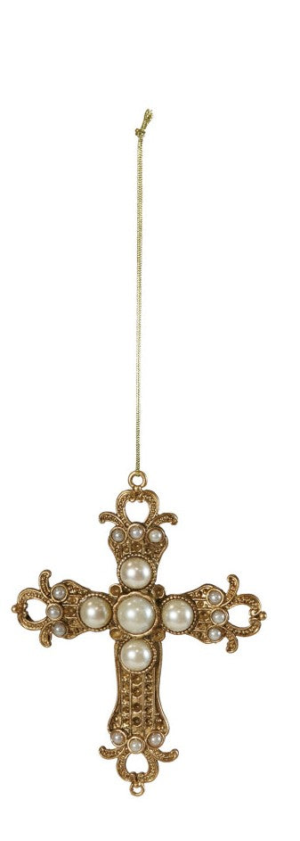 Pewter Cross Ornament with Faux Pearls