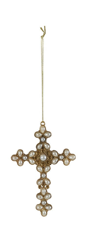 Pewter Cross Ornament with Faux Pearls