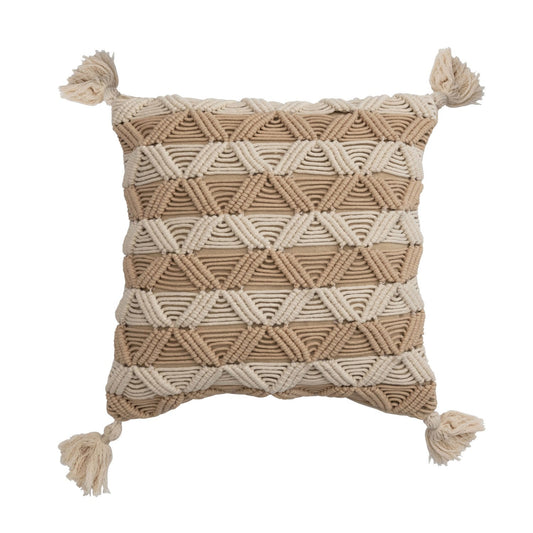 16" H&-Woven Cotton Macrame Pillow w/ Stripes & Tassels