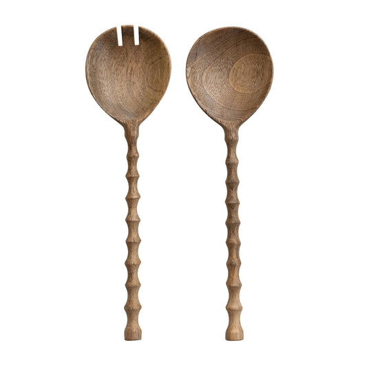 Mango Wood Salad Servers with Carved Handles, Natural, Set of 2