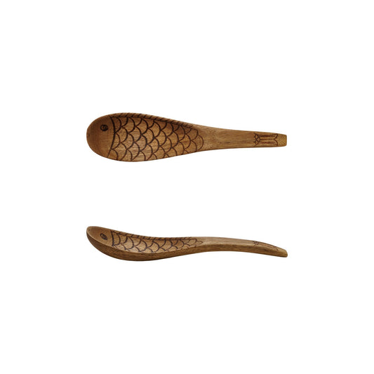 Acacia Wood Spoon with Carved Fish Design, Natural