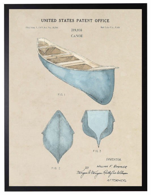 Framed Blue Canoe Watercolor Patent