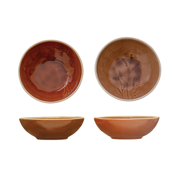 Debossed Stoneware Bowl w/ Botanical, Reactive Crackle Glaze, 2 Colors