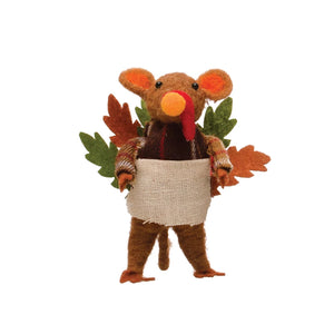 4"H Wool Felt Turkey Mouse w/ Plaid Shirt & Apron, Multi Color