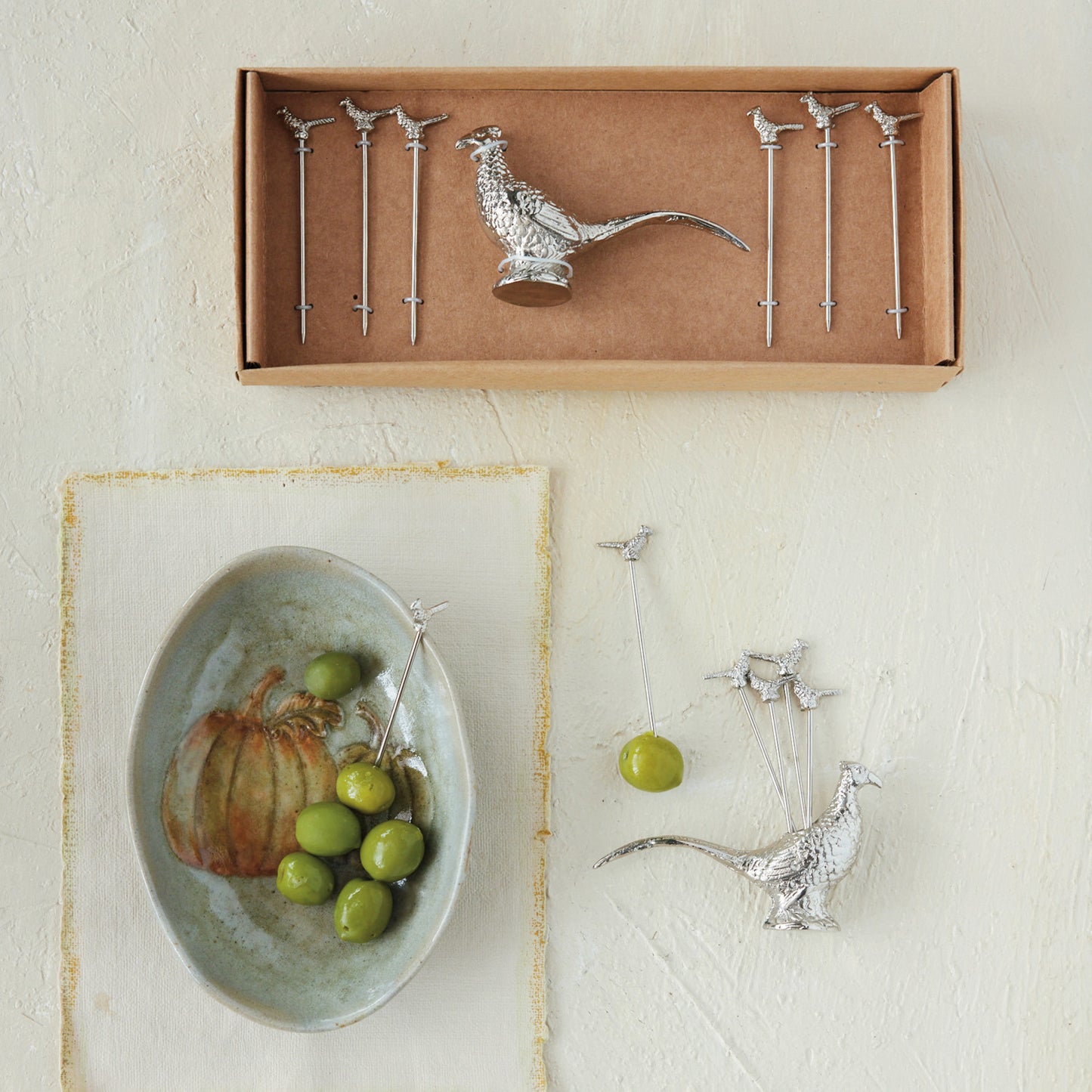 Pheasant Shaped Holder with (6) Stainless Steel Appetizer Picks