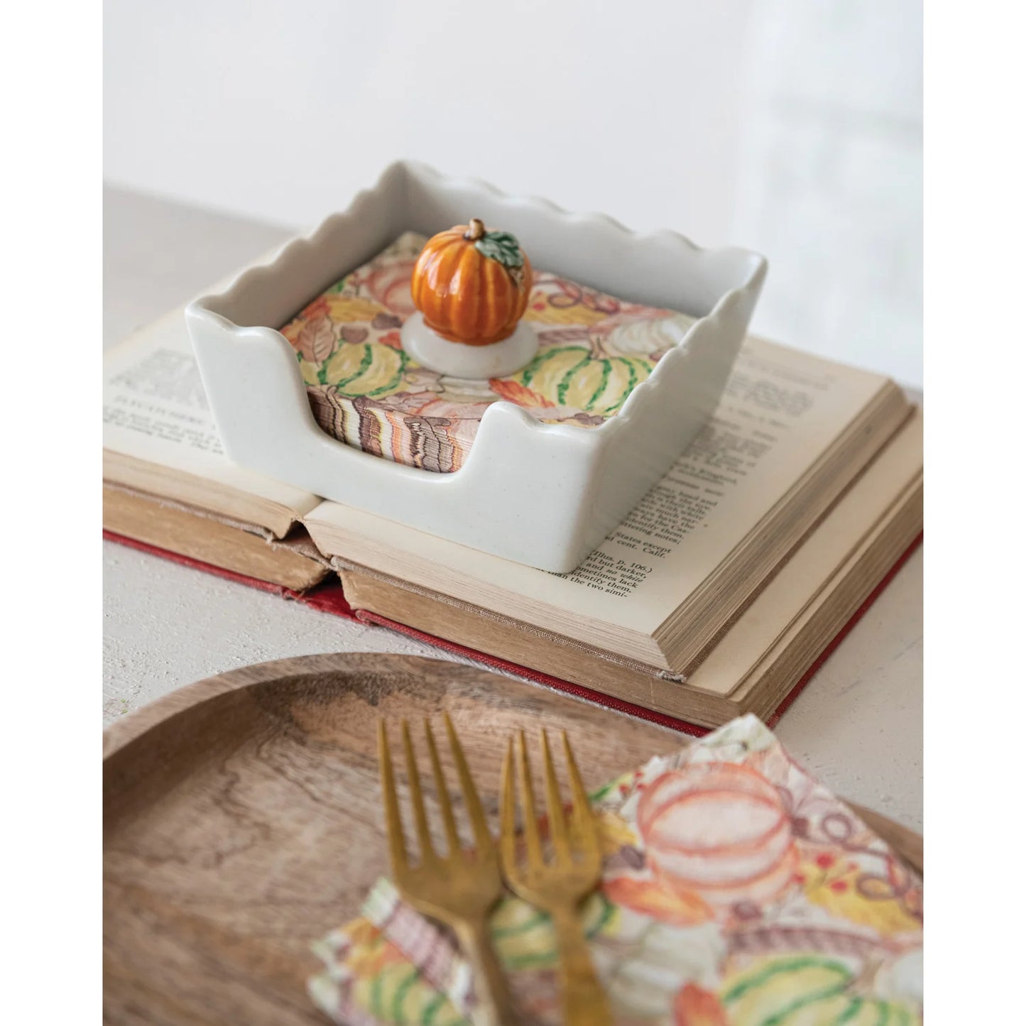 Stoneware Scalloped Cocktail Napkin Holder with Weight (Holds 4" Square Napkin)
