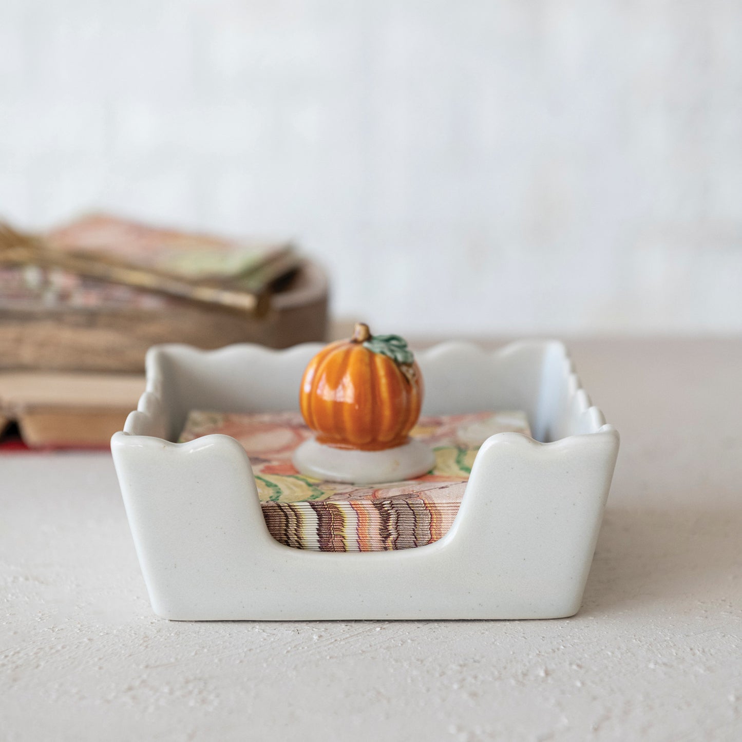Stoneware Scalloped Cocktail Napkin Holder with Weight (Holds 4" Square Napkin)