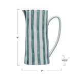 42 oz. Hand-Painted Stoneware Pitcher with Stripes, White and Blue