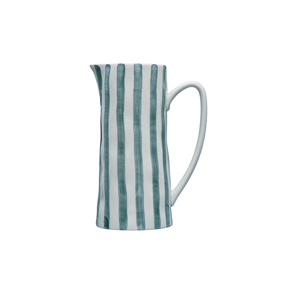 42 oz. Hand-Painted Stoneware Pitcher with Stripes, White and Blue