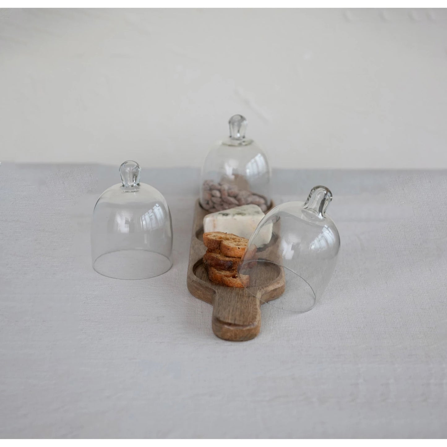 Mango Wood Serving Tray with Three Glass Cloches & Handles