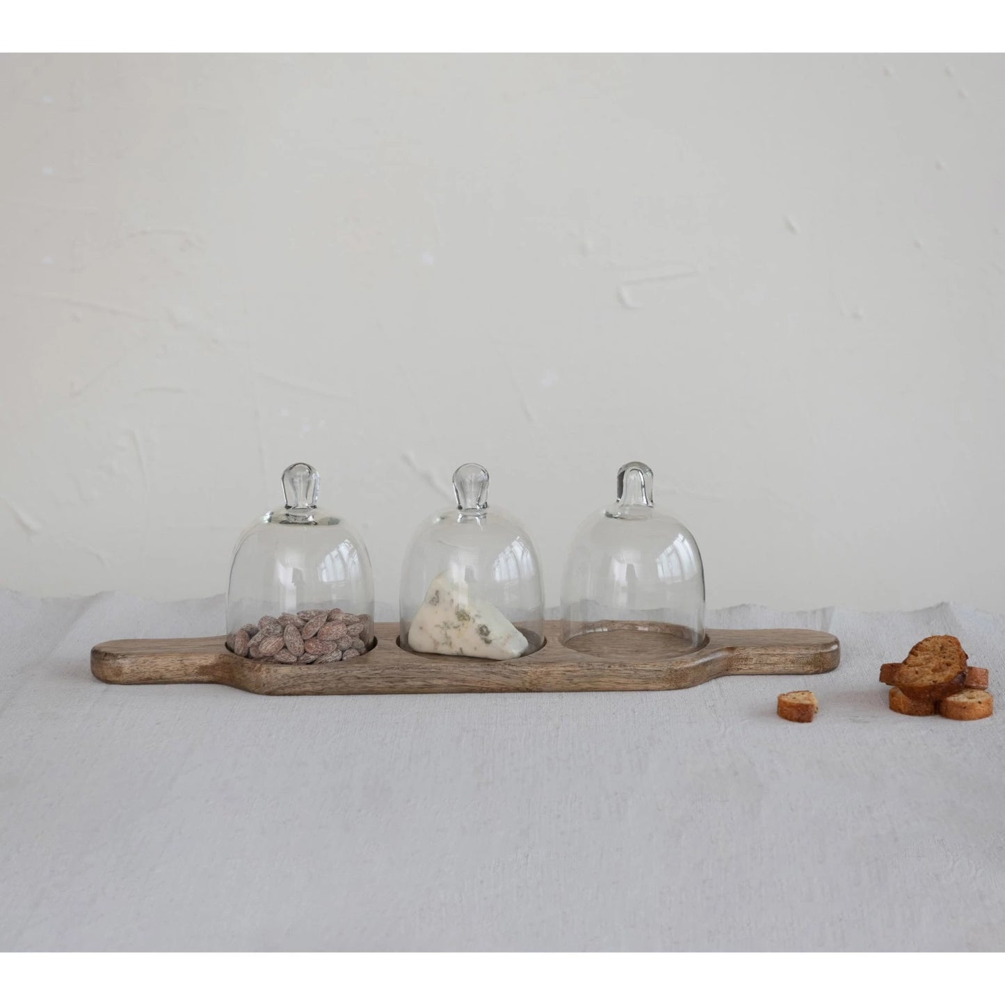 Mango Wood Serving Tray with Three Glass Cloches & Handles