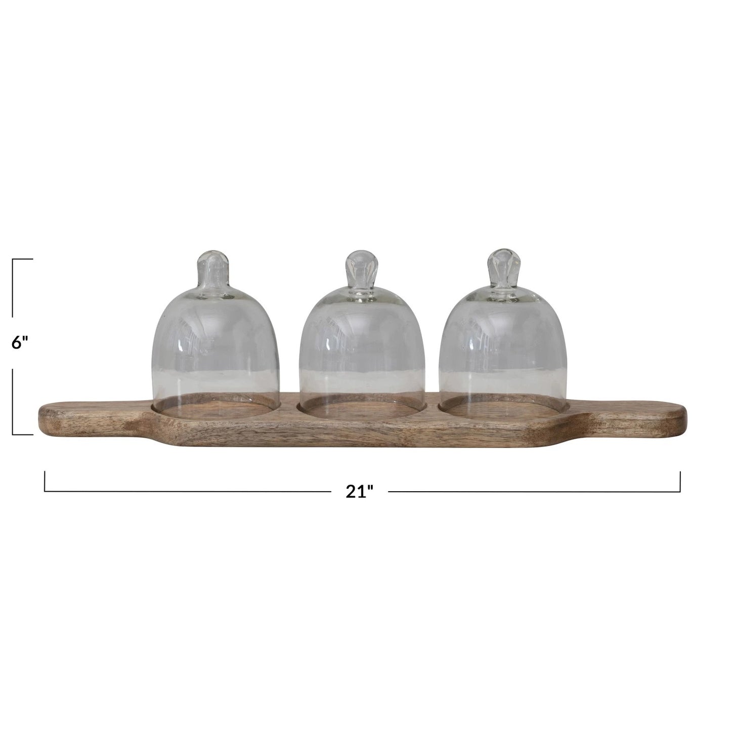 Mango Wood Serving Tray with Three Glass Cloches & Handles