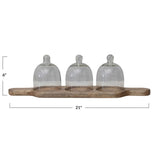 Mango Wood Serving Tray with Three Glass Cloches & Handles