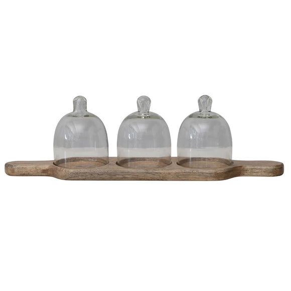 Mango Wood Serving Tray with Three Glass Cloches & Handles