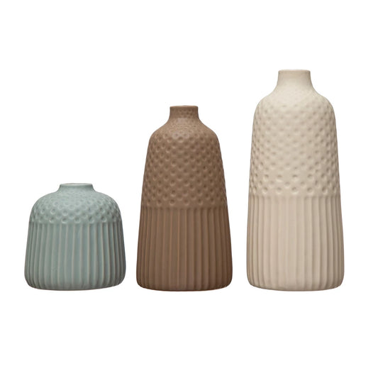 Debossed Stoneware Vases, Matte Glaze, 3 Colors, Set of 3