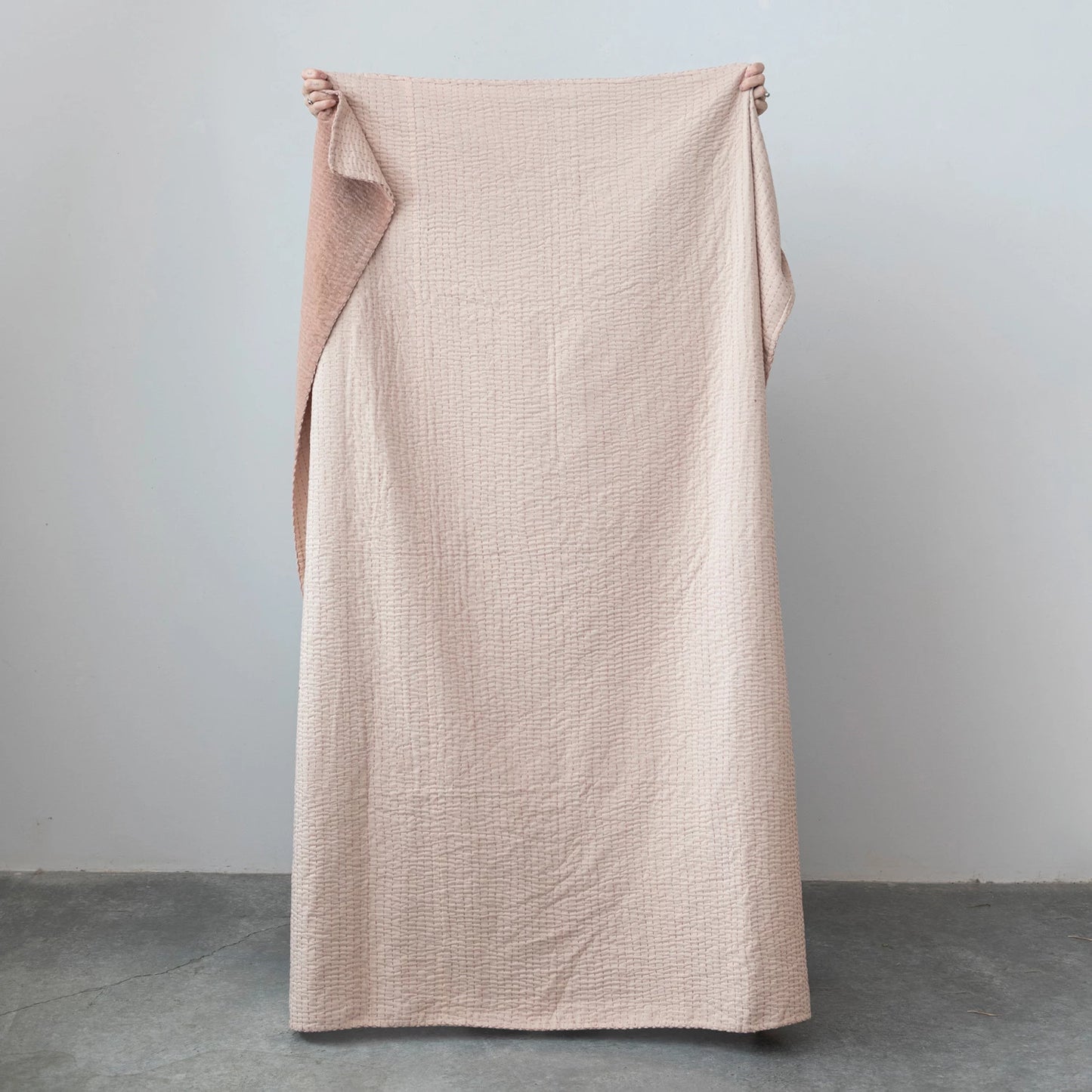 Cotton Velvet Throw w/ Kantha Stitch, Blush Color