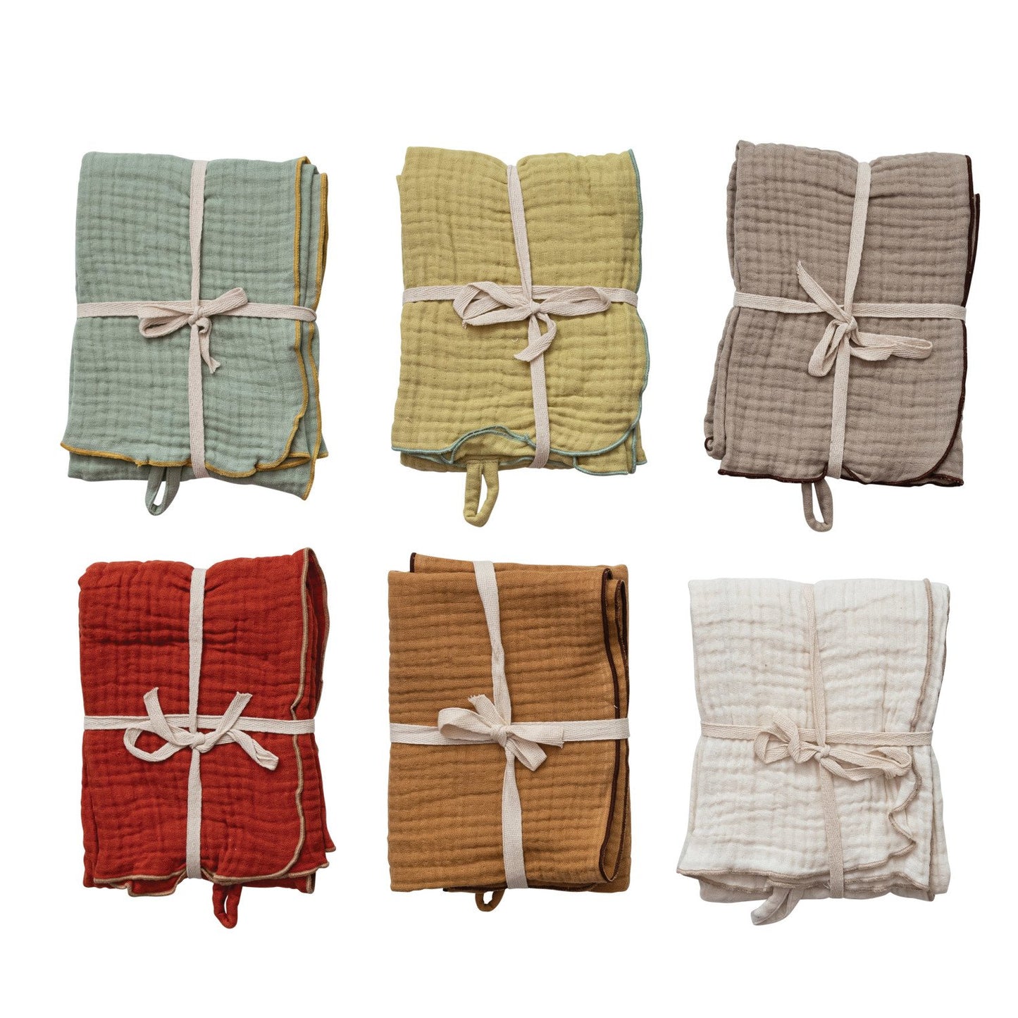 Woven Cotton Double Cloth Tea Towel w/ Contrasting Stitched Edge & Loop, 6 Colors