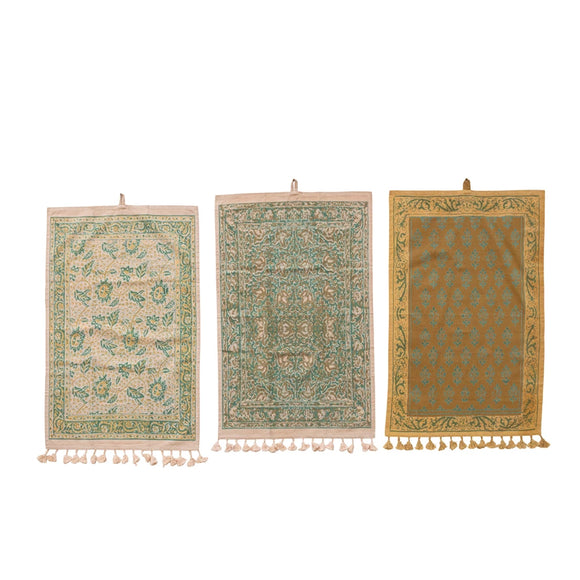 Cotton Printed Tea Towel w/ Design, Tassels & Loop, Multi Color, 3 Styles