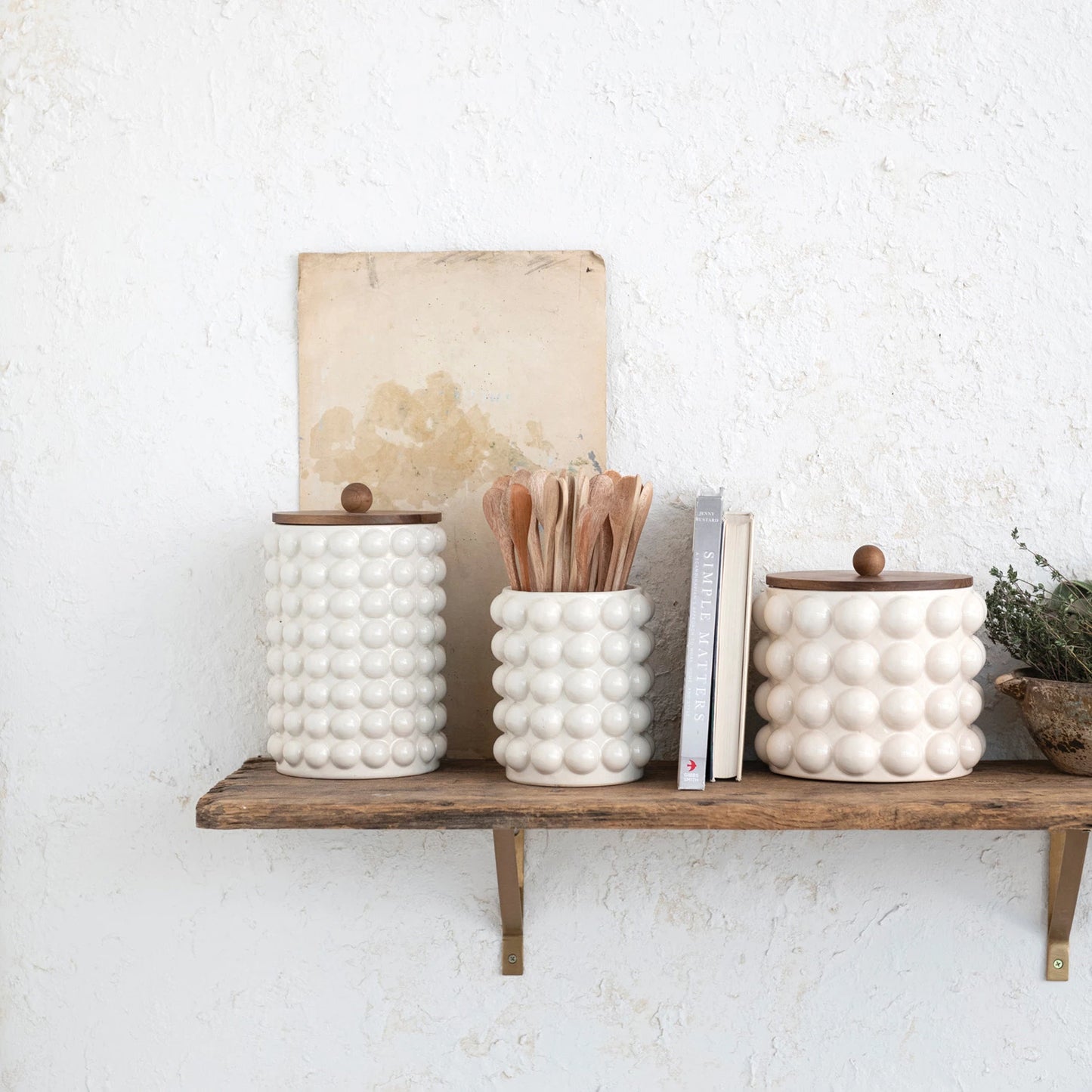 Stoneware Canister w/ Raised Dots & Acacia Wood Lid & Natural, 2 Sizes