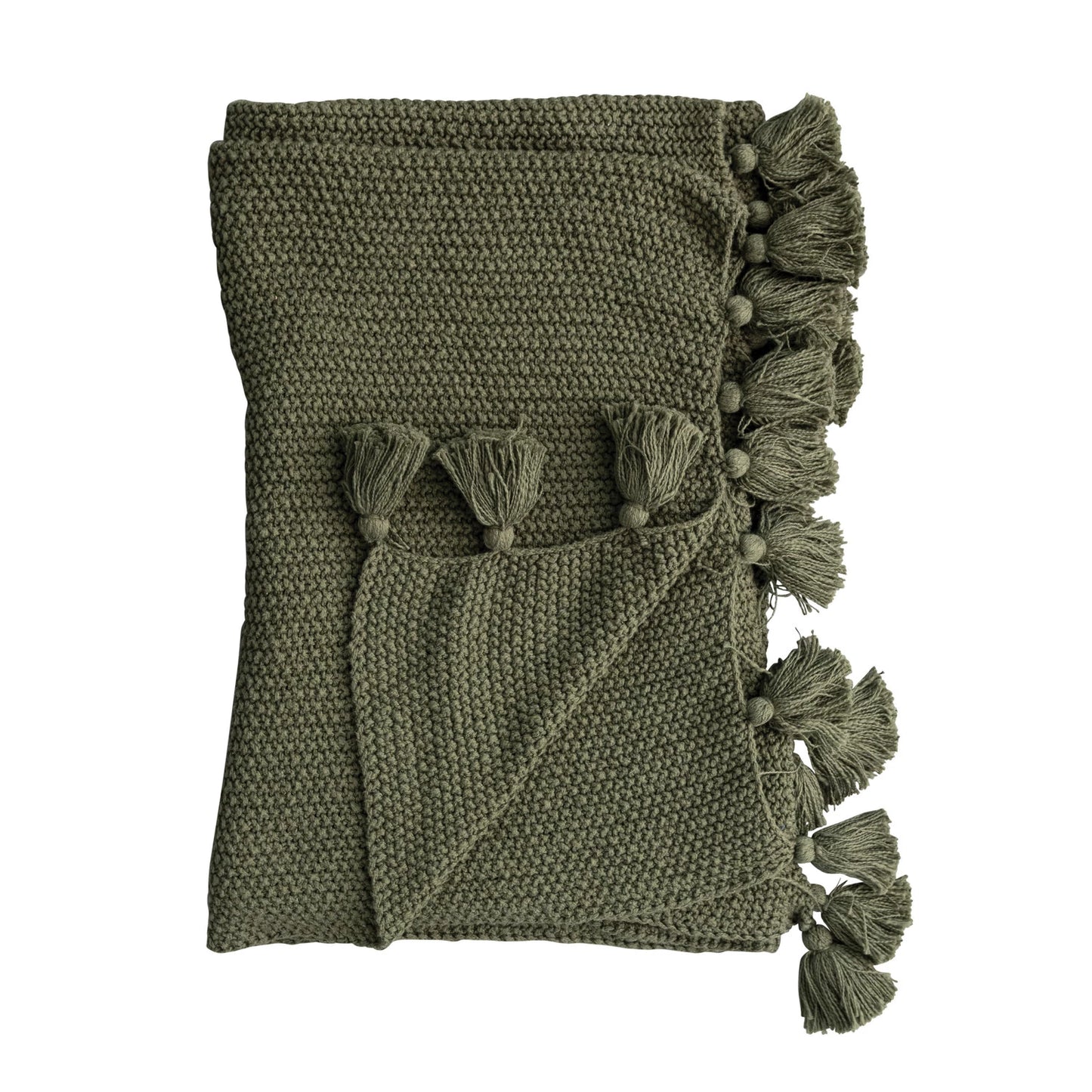 60"L x 50"W Cotton Knit Throw w/ Tassels, Olive Green