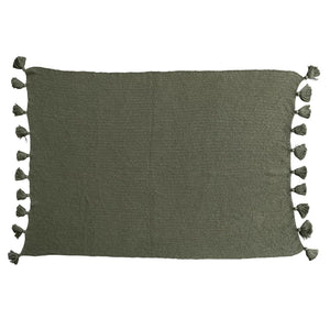 60"L x 50"W Cotton Knit Throw w/ Tassels, Olive Green