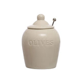 Debossed Stoneware Jar w/ Slotted Spoon "Olives", Set of 2