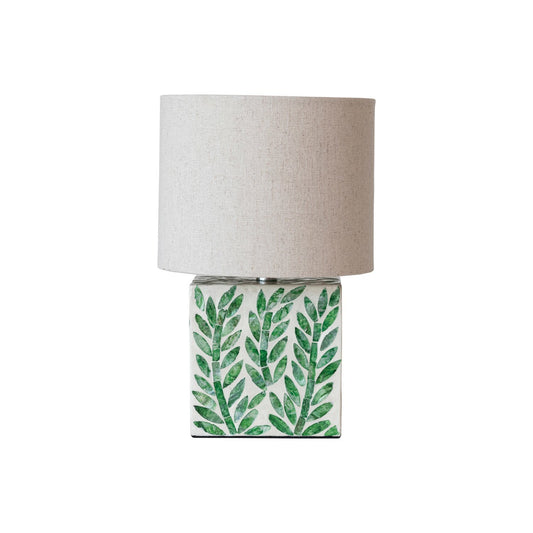 MDF & Mother of Pearl Table Lamp w/ Botanical Pattern, Linen Shade