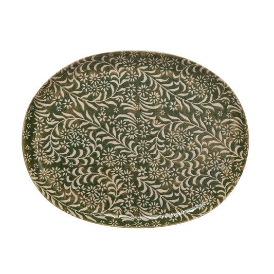 Stoneware Platter w/ Wax Relief Botanicals