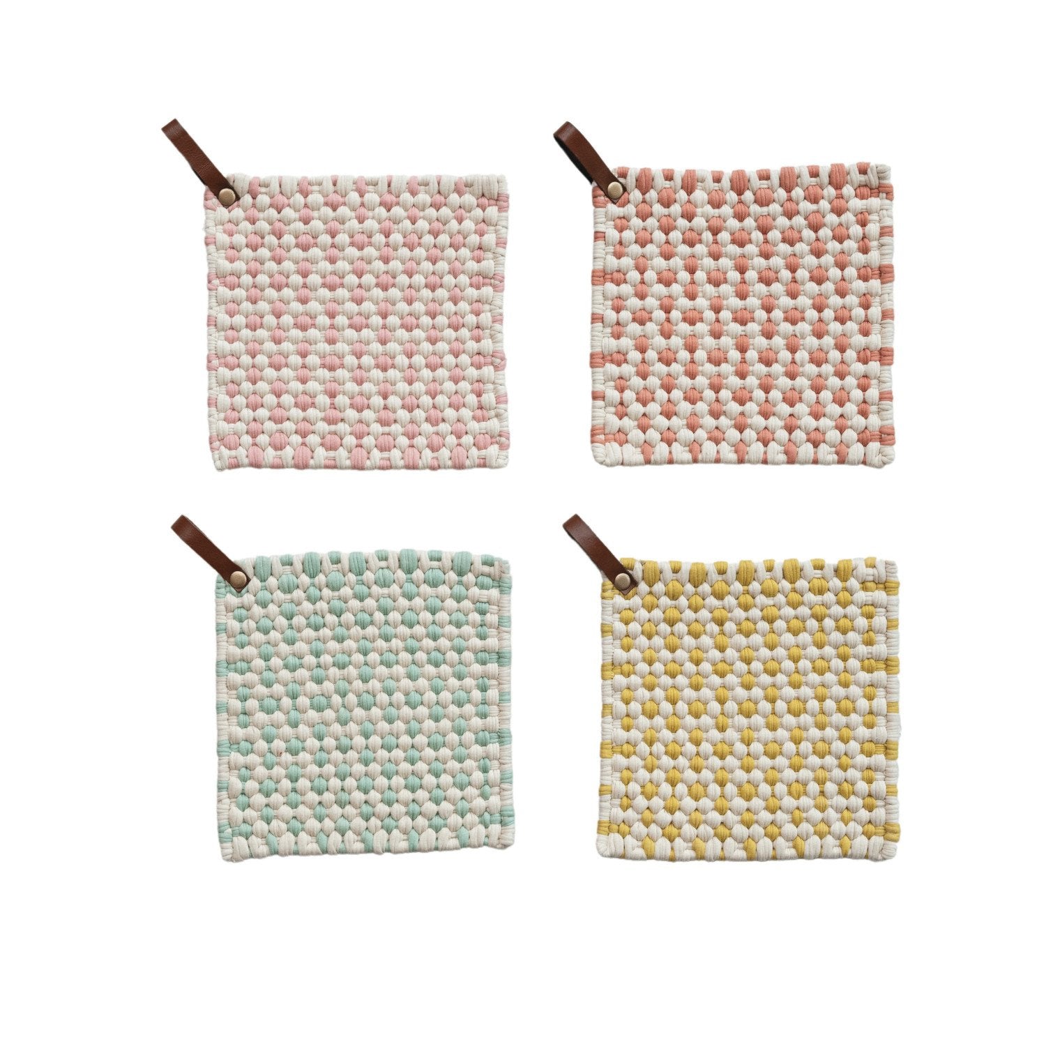 Cotton Crocheted Pot Holder w/ Leather Loop, 4 Styles