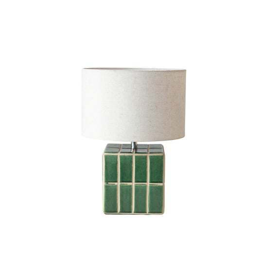 Ceramic Tiled Table Lamp w/ Linen Shade, Green (60 Watt Bulb Maximum)