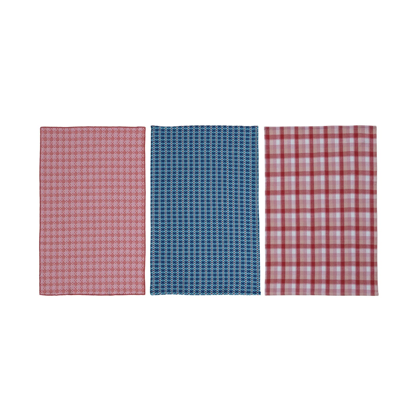 Woven Cotton Waffle Weave Tea Towel w/ Pattern & Stitched Edge, 3 Colors