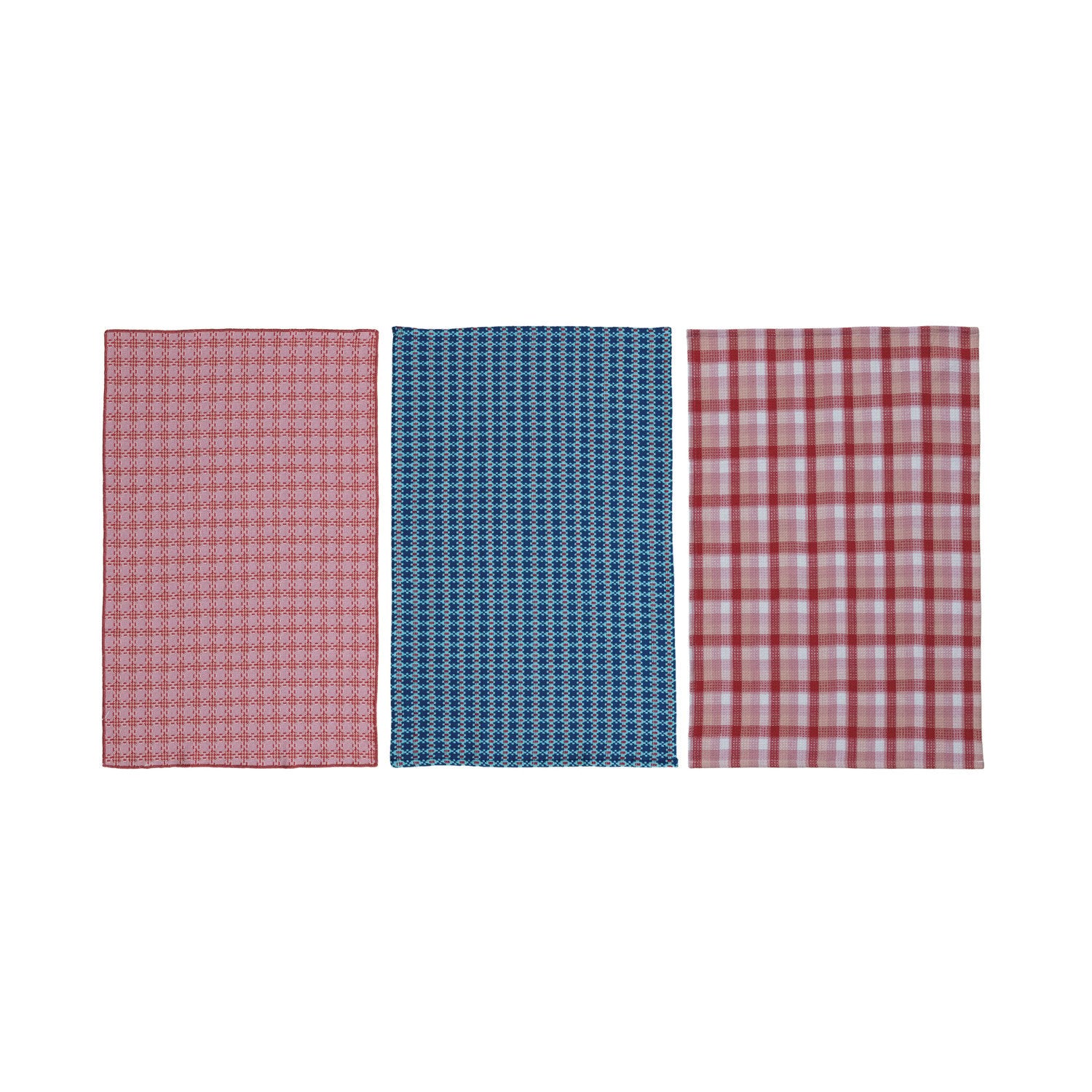 Woven Cotton Waffle Weave Tea Towel w/ Pattern & Stitched Edge, 3 Colors