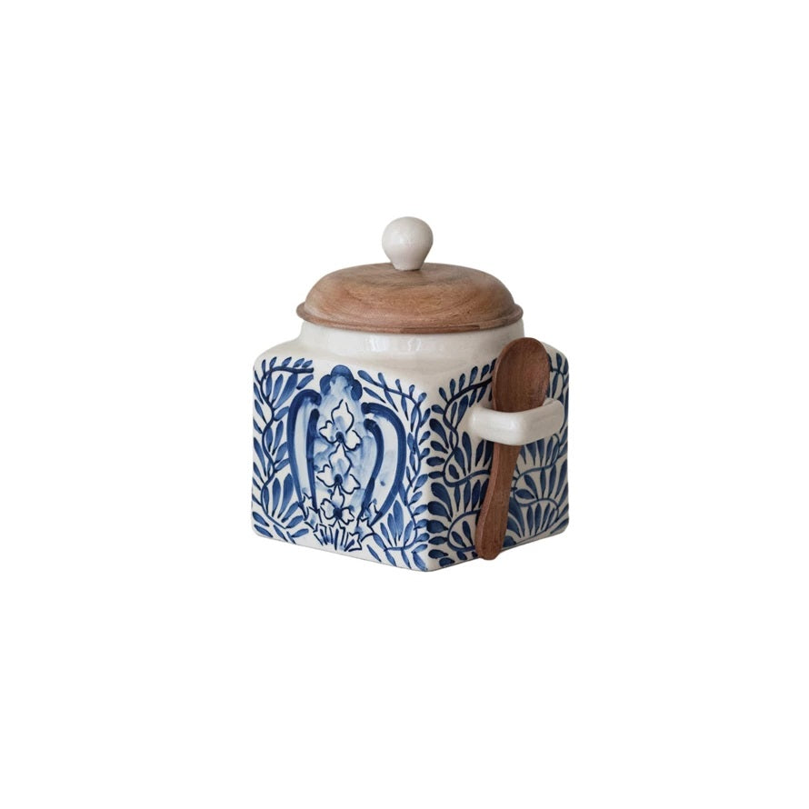 Hand-Painted Stoneware Canister with Lid & Spoon, Set of 2